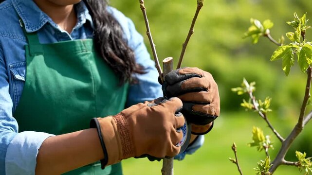 Professional female arborist carefully grafting a new branch onto a young tree. Horticultural sequence showing plant propagation and orchard maintenance in springtime