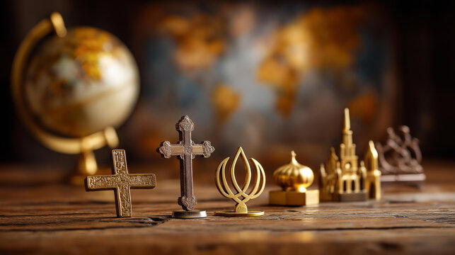 Image of symbols of major world faiths including religious icons in front of world map, World Interfaith Harmony day celebrated in February, global spiritual cooperation,