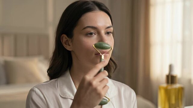 Woman rolls jade roller on her face while sitting in a bright room. She focuses on her skincare routine