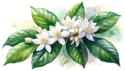Obraz premium A delicate watercolor illustration depicts blossoms with bright white petals, yellow centers, and vibrant green leaves