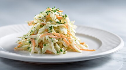 Coleslaw plated with precise edges, white plate, pale gray background, refined editorial feel