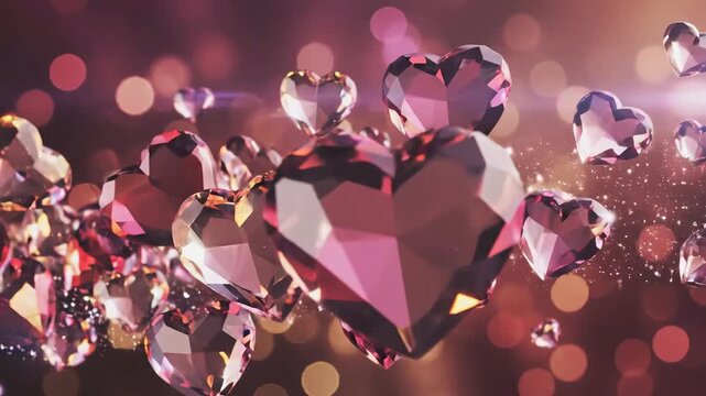 Sparkling Crystal Heart Gems Floating and Rotating in a Dreamy Bokeh Light Background Romantic Abstract Celebration.