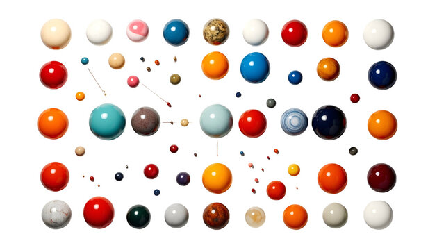 Overhead shot of colorful, spherical objects arranged in a seemingly random pattern on black