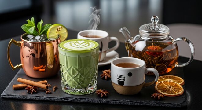 Assorted beverages on black surface