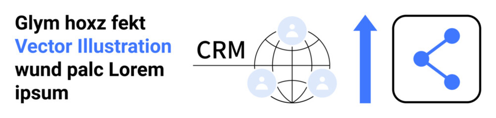 Business analytics, CRM systems, global networking, data management, information flow, collaboration. Globe with user icons, arrow showing growth share icon. Business analytics and CRM systems © robu_s