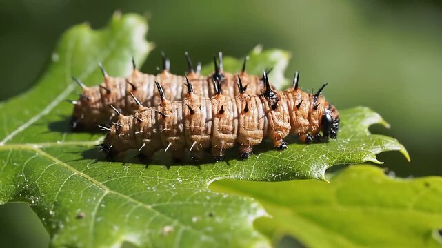 Closeup macro shot of a spiky segmented caterpillar with intricate patterns resting on a vibrant green leaf in natural sunlight showcasing its detailed texture and form.