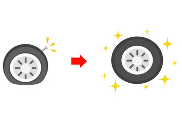 ネジが刺さったパンクタイヤと新品交換のビフォーアフターイラスト