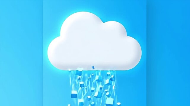 Blue cubes falling into a laptop screen, symbolizing data transfer and cloud computing