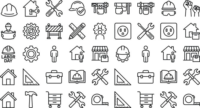 Labor icons, construction tools, worker symbols, engineering graphics, craftsmanship visuals, home repair elements, industrial signs, vector line set