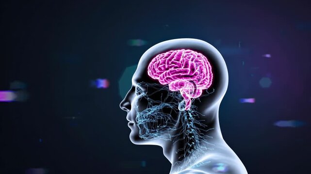 Holographic brain with data streams. Translucent head showcasing glowing neural pathways. Advanced visualization of neural networks with holographic particles and pulsating cortex features