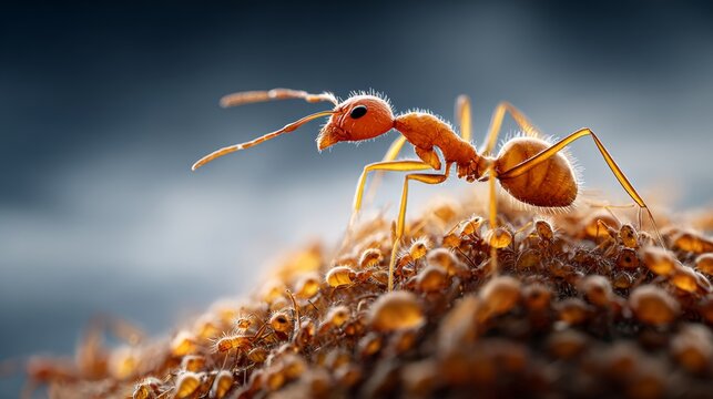 Close-up of a red ant on a mound of ants, showcasing detailed features and textures against a blurred dark background with soft lighting