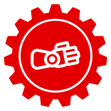 Rotes Zahnrad Symbol f&uuml;r Einstellungen und Robotik mit wei&szlig;em Roboterarm als Grafik f&uuml;r Industrie Automatisierung transparent png Vektor Illustration