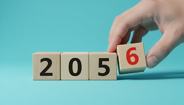 2056 Year Display: Hand Arranging Wooden Number Blocks on Teal Backdrop

