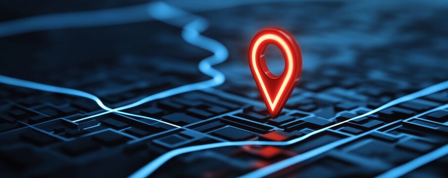 3D glowing red map pin on a dark cityscape with blue route lines, close-up, abstract, navigation, Map pin, Route