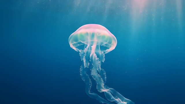 A translucent jellyfish with a pinkish top floats through dark blue water with microplastic pollution particles surrounding it, captured in a cinematic underwater shot with soft, natural