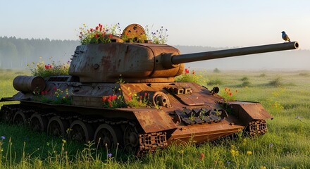 Fototapeta premium Rusted tank covered in wildflowers with a bird symbol of nature reclaiming war