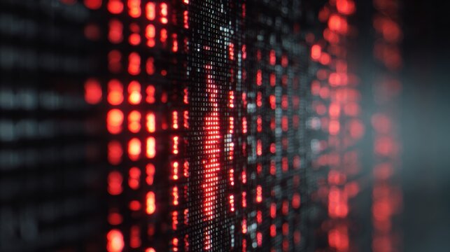 Close View of Digital Screen Showing Breached Data With Broken Red Lines Across a Dark Grid in a Technology Environment