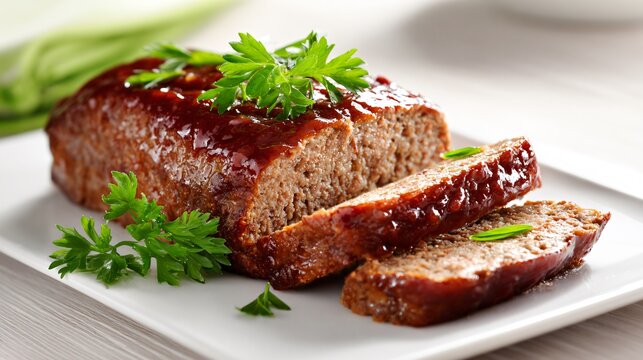 Meatloaf arranged slightly off-center, pale background, modern dynamic framing