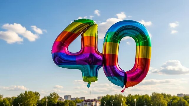 A rainbow-colored number 40 balloon floating in a blue sky with scattered clouds and trees in the background