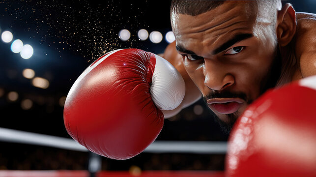 Boxer absorbing a powerful punch in the ring, jaw clenched and sweat flying, showing fierce determination, resilience and raw power under dramatic arena lights