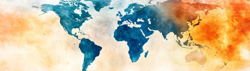 Abstract watercolor world map with a fiery effect on the right, cool blues on the left, symbolizing climate change contrast. World map, Abstract, Climate change