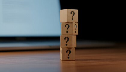 Question Mark Blocks: Mystery Stack on Wood Desk with Laptop in Background

