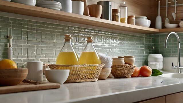 Natural products in baskit  for washing dishes in kichen counter 
realistic photography &mdash; negative: blurry, watermark, plastic, logo, text, oversaturated