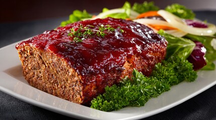 Meatloaf photographed from three-quarter angle, depth and volume emphasis
