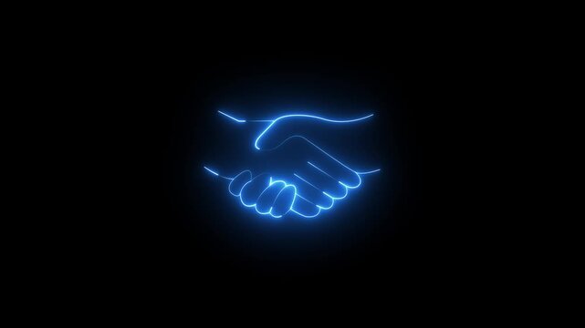 A neon sign of two hands shaking. The sign is blue . of the sign is that it represents a handshake, which is a symbol of agreement or partnership