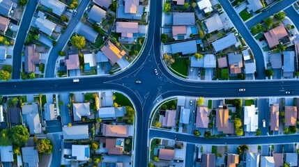 Aerial View Neighborhood with Cul-de-Sac and Roundabout, Residential Aerial View, Suburban Streetscape, Overhead Photography, Urban Planning, Subdivision, Drone Shot
