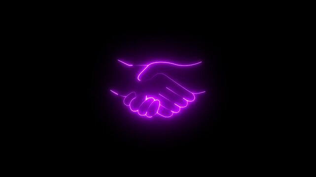 A neon sign of two hands shaking. The sign is blue . of the sign is that it represents a handshake, which is a symbol of agreement or partnership