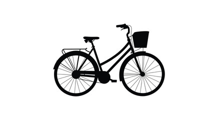 Fototapeta premium Black silhouette of a bicycle with a front basket, classic bike icon, cycling and transportation symbol, minimal flat vector illustration isolated on white background.