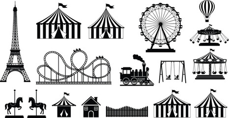 Amusement park carnival fair silhouette collection with ferris wheel roller coaster circus tents eiffel tower carousel horses steam train hot air balloon and swings set. © Jabun