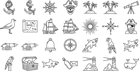 Large collection of pirate adventure outline icons featuring treasure chests, nautical ships, skulls, anchors, sharks, and maritime navigation symbols for seafaring design and ocean exploration. © Jabun