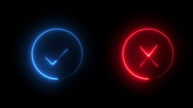 glowing neon Tick or check mark icon on Black Background . right and wrong animated neon icons, False and true. Correct and incorrect, "Minimal neon Check Mark and Cross Icon in Circle .