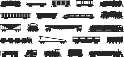 Train silhouette icons, cargo trains, passenger trains, vintage locomotives, rail car illustrations, black train shapes, transportation vector design, train collection, engine clipart © MstMoslama