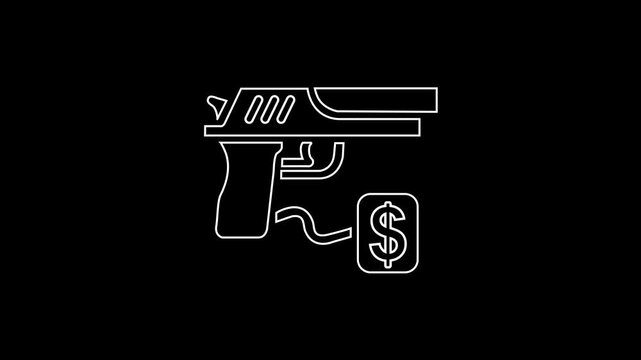 Black line Buying gun pistol with price tag icon isolated on white background. Buying weapon. 4K Video motion graphic animation.