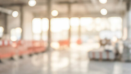 Fototapeta premium Blurred interior of an industrial space with bright lights and orange barriers. The scene depicts a modern environment under construction or renovation.