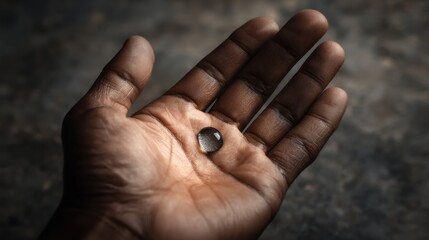 Hand holds single water drop, dry skin, clean background