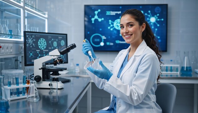 Female scientist working with pipette in modern laboratory. Smiling researcher in white lab coat with microscope and data screens. Science and medical research concept