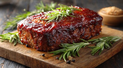 Meatloaf styled for classic American cuisine theme, rustic wood surface