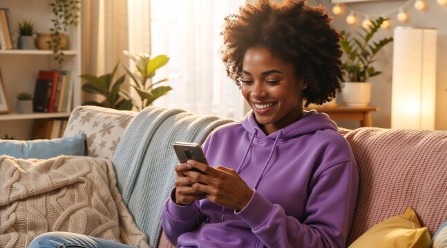 Happy young Black woman using a smartphone on a cozy sofa. Smiling female in a purple hoodie looking at a mobile phone at home. Leisure and digital communication concept