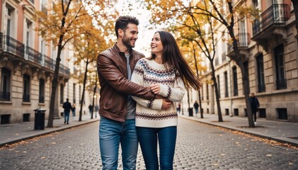 Happy couple walking on cobblestone street in autumn. Man in leather jacket and woman in patterned sweater embracing. Romantic city date in fall