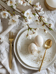 Schlichte Osterdekoration mit weißen Eiern und goldener Besteckkombination