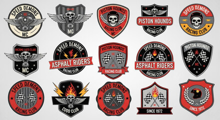 Collection of motorcycle club emblems, badges, and patches with skull and wings designs. © Roki