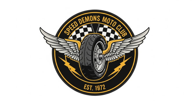Speed Demons Moto Club Emblem with Winged Tire and Checkered Flag Design.