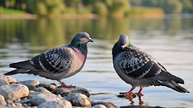 Two pigeons standing on rocks by the waters edge one drinking water with a blurred background of trees and reflections.