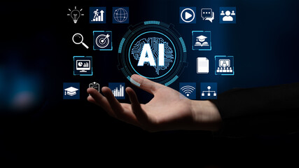 Fototapeta premium Digital hand showcasing advanced artificial intelligence technology with various icons representing data analysis, education, communication, and connectivity. Quark.