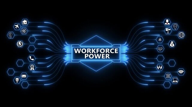 Workforce Power interface displaying organizational strength dashboard with secure human resource management system and advanced digital technology concept 4K animation video