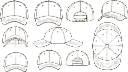 Technical baseball cap vector illustration set featuring front back side and top view line art templates for headwear design and fashion branding mockups © Jabun